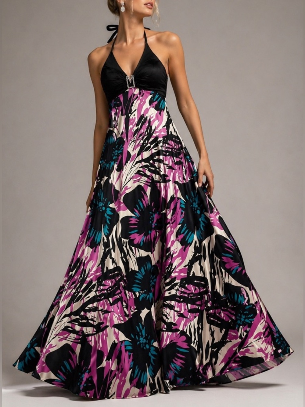 CACHE SILK Satin Gown Halter Maxi Dress Jeweled Bust 4